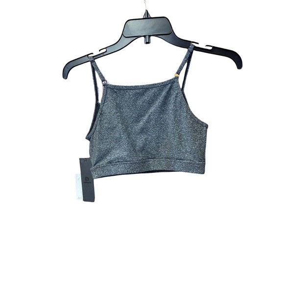 NWT Mono B Black Women’s Sports Bra W/Vinyl Stripes Up Center Lightly Padded - Picture 2 of 3